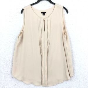 Ann Taylor Womens L Beige Pintuck Chiffon Blouse Keyhole Neck Sleeveless Lined